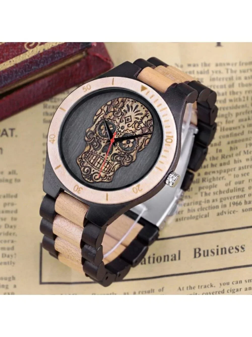 Men's Black Beige Analog Quartz Handmade Skull Face Engraved Round Wooden Watch
